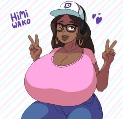 big_breasts caricature dark-skinned_female glasses himiwako huge_breasts logo macromastia massive_breasts necklace nose_piercing nose_ring portrait streamer text