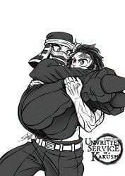 ass big_ass big_butt black_and_white bluewolfartista carrying demon_slayer kakushi_(kimetsu_no_yaiba) kamado_tanjirou kimetsu_no_yaiba masked masked_female muscles muscular_male scar_on_arm scar_on_chest simple_background tanjiro_kamado