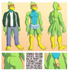 1boy abs anthro anti_dev ass avian back balls beak biceps bird blue_body blue_eyes bulge chest_tuft claws clothed clothing falcon feathers flaccid fur green_body half-dressed humanoid_penis jacket male male_only model_sheet muscles nipples nude pants pecs penis pose shirt smile solo sparkx talons toe_claws toned topless tuft underwear