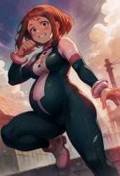 ai_generated big_belly big_breasts breasts brown_eyes brown_hair cleavage my_hero_academia ochako_uraraka ochako_uraraka_(hero_outfit) pregnancy pregnant pregnant_belly ready_to_pop uraraka_ochako uraraka_ochako_(hero_outfit)