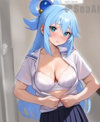 1girls ai_generated aqua_(konosuba) blush bra cleavage kono_subarashii_sekai_ni_shukufuku_wo! looking_at_viewer medium_breasts seacreator shirt shy skirt standing unbuttoned_shirt undressing