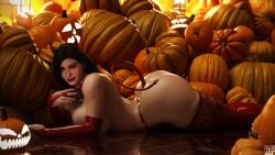 3d ass big_ass big_breasts black_hair breasts curvy_female female halloween horn light-skinned_female lingerie looking_at_viewer pumpkin purple_eyes rude_frog solo stockings tail the_witcher_(series) the_witcher_3:_wild_hunt yennefer