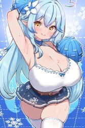 1girls armpits big_breasts blue_hair breasts cheerleader cleavage female female_only hololive huge_breasts kani_bonara smile solo thick_thighs thighhighs virtual_youtuber yukihana_lamy