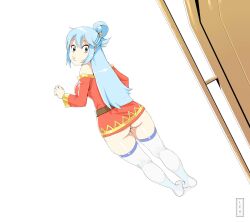 1girls aqua_(konosuba) ass ass_focus blue_eyes blue_hair butt_focus costume_switch dress dress_up fantia female female_only front_view gelbooru illustration kono_subarashii_sekai_ni_shukufuku_wo! leo... megumin_(cosplay) solo white_background white_skin