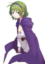 1girls blue_eyes blush breasts cape dress female female_only fire_emblem fire_emblem:_the_blazing_blade green_hair highres long_sleeves morisobo nino_(fire_emblem) nintendo nipples open_mouth purple_cape simple_background small_breasts solo standing white_background white_dress