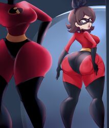 elastigirl_(cosplay) glasses large_ass looking_at_own_butt masked_female medium_breasts meme red_outfit slemka tagme