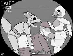 1futa 2boys animatronic anthro avian balls bisexual canine chica_(fnaf) five_nights_at_freddy's fox foxy_(fnaf) fucked_to_death furry futa_on_male futanari gay group human human/robot human_on_anthro intersex interspecies machine male mammal mechanical mike_schmidt_(fnaf) monochrome penis pfh rape robot sex spitroast straight threesome yaoi