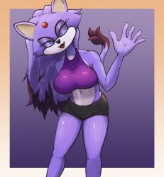 1girls animal_ears anthro belly belly_button big_breasts blaze_the_cat cute_fangs epic_omi eyelashes feline forehead_jewel fully_clothed furry grey_pants happy leaning_forward long_hair mobian mobian_(species) purple_fur purple_shirt shorts sonic_(series) sports_bra sportswear two_tone_body two_tone_fur two_tone_hair waving waving_at_viewer white_fur