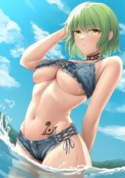 beach big_breasts bikini blue_sky breasts choker cleavage clouds denim_bikini dissappointed_look frown green_hair hand_behind_back hand_on_head hikage_(senran_kagura) large_breasts looking_at_viewer looking_down midriff sea seaside senran_kagura senran_kagura_(series) tattoo underboob water wet yellow_eyes zib_(boriku)