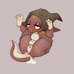 1:1 absurd_res anus biped bodily_fluids bonnytoad brown_body cum eyelashes female genital_fluids genitals glyph_(bonnytoad) hi_res kobold pupils pussy scalie short_stack solo thick_thighs