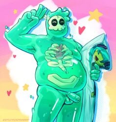 1boy ^_^ armpit_hair armpits bara big_belly blush_stickers character_print closed_eyes colored_skin completely_nude dakimakura_(object) doug_(monster_prom) fat fat_man green_skin happy hatsune_miku heart highres hugging_object male_focus male_only merchandise monster_boy monster_prom nude object_through_head otaku penis pillow pillow_hug see-through slime_boy solo spicyfoxdessert sword_in_head tareme uncensored v vocaloid