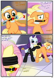 3girls anus applejack_(mlp) ball_gag bent_over blindfold blonde_hair blue_eyes blush bondage comic cutie_mark edit english_text equine female female_only feral fluttershy_(mlp) friendship_is_magic fur gag green_eyes hair hi_res hisexpliciteditor horn horse long_hair mammal my_little_pony orange_body orange_skin pegasus pink_hair pony purple_hair pussy pyruvate rarity_(mlp) spa spread_anus spreading text unicorn white_body white_fur white_skin wings yellow_body yellow_fur yellow_skin yuri