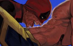 2boys abs bara blue_background bodysuit chest_hair deadpool deadpool_&_wolverine_(2024) gay hairy hands_on_another's_back james_howlett large_pectorals licking licking_stomach logan_(x-men) male_focus marvel marvel_cinematic_universe marvel_comics mask mask_lift multiple_boys nipples nomorelemontea pectorals red_bodysuit red_mask scar simple_background superhero_costume teeth thighs tongue tongue_out topless_male two-tone_bodysuit veins veiny_arms wade_wilson wolverine_(x-men) x-men yaoi