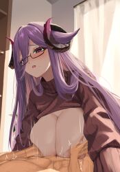 1boy 1girls abs azur_lane black-framed_eyewear breast_cutout breasts cleavage collared_sweater curled_horns female framed_breasts friedrich_carl_(a_game_of_love)_(azur_lane) friedrich_carl_(azur_lane) grabbing grabbing_another's_breast hair_between_eyes highres horns huge_breasts indoors iron_blood_(azur_lane) light-skinned_female light-skinned_male light_skin long_hair long_hair_between_eyes long_sleeves looking_at_another mature_female mekasouru mole mole_under_mouth motion_lines multicolored_horns official_alternate_costume paizuri purple_eyes purple_hair red_sweater semi-rimless_eyewear sweater transparent_curtains very_long_hair