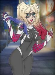 1girls cosplay crossover crossover_cosplay dc dc_comics female female_only harley_quinn henta_mx human human_only light-skinned_female light_skin marvel marvel_comics spider-gwen_(cosplay) twintails