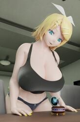 1boy 1girls 3d 3d_(artwork) big_breasts black_undershirt blender blonde_female blonde_hair blonde_hair_female blue_eyes breasts clothed clothed_female clothed_male giantess height_difference kagamine_len kagamine_rin larger_female light-skinned_female light-skinned_male light_skin midriff mmdelight short_hair short_shorts shorts shrunk shrunken_male size_difference smaller_male thighs undershirt vocaloid