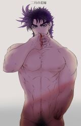 1boy amputated_hand amputee battle_tendency blood jojo's_bizarre_adventure joseph_joestar looking_at_viewer male male_only pubic_hair solo