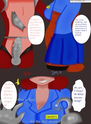 animatronic anthro blue_shirt brown_fur canine clothing comic cum cute dialogue discordmelody erection female five_nights_at_freddy's fox foxy_(fnaf) freckles fur hair hook jasmine_ivory machine male mammal mechanical penis precum red_fur red_hair robot rodent squirrel straight uniform unusual_penis