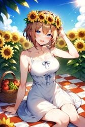 1girls :d ai_generated aimoonshine apple arm_support arm_up bangs bare_arms bare_shoulders basket blue_eyes blue_ribbon blue_sky blush breasts brown_hair cleavage cloud collarbone day doki_doki_literature_club dress feet_out_of_frame female female_only flower flower_wreath food fruit grapes hair_between_eyes hair_flower hair_ornament head_wreath large_breasts looking_at_viewer open_mouth outdoors picnic_basket ribbon sayori_(doki_doki_literature_club) short_hair sitting sky sleeveless sleeveless_dress smile solo sundress sunflower sunlight upper_teeth_only white_dress yellow_flower