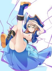 adapted_costume adorable ass aura blue_background blue_eyes blue_footwear blue_hat blue_skirt blue_vest blush boots breasts bunji cleft_of_venus commentary_request cute cute_face cute_smile dark_aura dark_persona diamond-shaped_pupils diamond_(shape) feathers female genjitsu_no_yohane genjitsu_no_yohane_-numazu_in_the_mirage- hat hat_feather highres large_breasts leg_up light_brown_hair looking_at_viewer love_live! love_live!_sunshine!! medium_ass medium_breasts medium_hair multicolored_background nightwicked_(genjitsu_no_yohane) nightwicked_you nipples nude one_eye_closed pirate pirate_hat pussy salute shoes skirt smile smiling smiling_at_viewer solo symbol-shaped_pupils vest watanabe_you white_background you_(genjitsu_no_yohane)