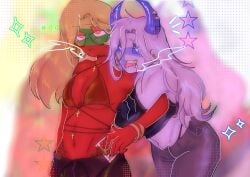 2girls bra breasts chysmix cigarette cigarette_in_mouth cleavage clothing countryhumans countryhumans_girl cross_necklace female female_focus female_only finland_(countryhumans) fully_clothed hair horns lithuania_(countryhumans) midriff tattoo thighs thong