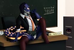 bioluminescence black_sclera bottomless classroom clothed clothing color crossdressing cuntboy desk dragon drexel furry glowing glowing_eyes glowing_markings half-dressed intersex legwear markings necktie noiz plaid_skirt presenting pussy raised_leg reptile scalie school school_uniform schoolgirl_uniform short_skirt sitting skirt smile solo spread_legs spreading stockings teacher text tie uniform