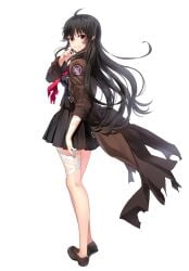 bandaged_leg bandages black_hair black_serafuku breasts female full_body iris_yuma jacket loafers long_hair looking_at_viewer necktie non-web_source official_style red_eyes red_necktie school_uniform serafuku shoes skirt smile solo soul_worker torn_clothes