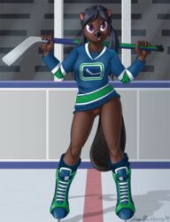 annie_(brian_mcpherson) anthro arena beaver bottomless brian_mcpherson brown_fur brown_hair buckteeth clothed clothing female female_only footwear front_view fur furry hair half-dressed hockey hockey_stick ice ice_skates jersey looking_at_viewer low_twintails mammal purple_eyes pussy rodent skates solo standing straight_hair tied_hair twintails vancouver_canucks