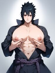 abs ai_generated big_pecs black_eyes black_hair gay large_pectorals male male_focus male_only male_tits naruto naruto_shippuden nipples pecs pecs_touching pectorals sasuke_uchiha solo solo_focus solo_male yaoi