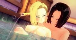 1boy 1girls 3d 3d_(artwork) 3d_model android_17 android_18 bath bathing cyborg dragon_ball dragon_ball_z family_sex fanart female highres image_set incest kaio-sheeen koikatsu male onsen romantic romantic_ambiance siblings sitting_on_lap