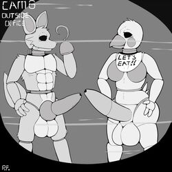 1boy 1futa animatronic anthro avian balls canine chica_(fnaf) dickgirl duo five_nights_at_freddy's fox foxy_(fnaf) futa_focus futa_with_male futanari intersex machine male male_focus mammal mechanical monochrome penis pfh robot