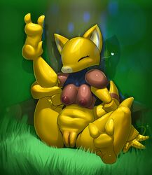 2014 3_toes abra anthro areola blush breasts chubby closed_eyes elpatrixf female grass heart nintendo nipples pokemon pussy raised_leg red_nipples smile solo spread_legs spreading toes video_games