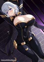 alluring beta_(the_eminence_in_shadow) big_breasts blue_eyes blue_hair bodysuit elf elf_ears elf_female elf_girl female hell_and_heaven huge_breasts kage_no_jitsuryokusha_ni_naritakute! latex_suit light-skinned_female light_skin male male/female pointy_ears rape silver_hair spy the_eminence_in_shadow