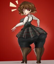 blonde_hair boots bottom_heavy brown_hair huge_ass hyper_ass ineffective_skirt large_ass looking_back makoto_niijima multicolored_hair persona persona_5 red_eyes shortstack slemka tagme