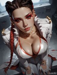 1girls ai_generated apex_legends braided_hair braided_ponytail breasts brown_eyes choker cleavage eyeshadow female female_focus female_only gloves hands_on_thighs jewelry loba loba_(apex_legends) loba_andrade lokiai looking_at_viewer looking_up solo solo_female stable_diffusion submissive submissive_female suit