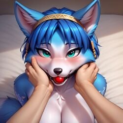 absurd_res ai_generated anthro ball_gag blue_body blue_fur blue_hair blush bondage breasts caressing_face dominant_pov female female_fox femsub fox furry gag gagged green_eyes human human_on_anthro krystal looking_at_viewer loonaenthusiast male nintendo star_fox submissive submissive_anthro submissive_female