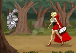 anthro big_ass big_bad_wolf big_breasts blonde_hair curvy forest johnnyharadrim little_red_riding_hood muscular_male red_hood wolf