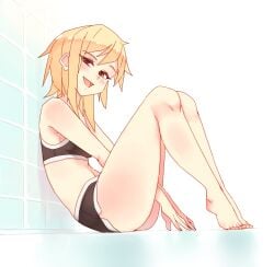 1girls against_wall bare_shoulders barefoot black_bra black_shorts black_sports_bra black_topwear blonde_hair bra eyelashes female female_only grin half-closed_eyes hands_between_legs head_tilt heels_up katawa_shoujo legs light-skinned_female looking_at_viewer medium_hair navel open_mouth open_smile red_eyes rtil satou_akira short_shorts shorts sitting smile smug solo sports_bra thighs topwear