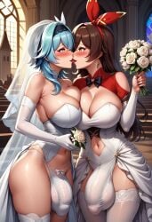 2futa 2futas ai_generated amber_(genshin_impact) balls_under_clothes bare_shoulders big_balls big_breasts big_penis big_testicles black_hairband blue_hair blush bouquet bowtie breast_press bridal_veil bride brown_hair bulge church civitai clothed clothing_cutout collarbone dress earrings eula_(genshin_impact) eye_contact flaccid flaccid_penis flower french_kiss full-package_futanari fully_clothed futa_only futa_with_futa futanari genshin_impact hairband holding holding_bouquet huge_balls huge_breasts huge_bulge huge_testicles indoors jewelry kissing long_hair looking_at_another medium_hair mizuiro01 panties penis_under_clothes red_ribbon ribbon rose sidelock standing strapless strapless_dress testicles thighhighs tongue tongue_out uncensored wedding_dress white_dress white_flower white_panties white_rose wife_and_wife window women