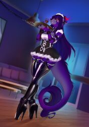 anthro ballet ballet_boots ballet_heels boots canid canine clothed clothing dancewear dress female footwear garter_straps hair hi_res high_heels horn iris_grim latex legwear long_hair maid_uniform mammal omesore solo thighhighs uniform upskirt