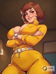 1female 1girls ai_generated april_o'neil april_o'neil_(tmnt_1987) blush cleavage cleavage_overflow curvy curvy_ass curvy_body curvy_female curvy_figure curvy_hips deep_cleavage female female_focus female_only full_body full_cleavage huge_breasts jumpsuit open_clothes owlai partially_unzipped patreon short_hair teenage_mutant_ninja_turtles tmnt tmnt_1987