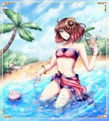 akumu_(glitchtale) beach bete_noire betty_noire brown_hair flower_on_head frame framed_picture glitchtale grass juice pink_eyes pink_hair short_hair swim_skirt trees water