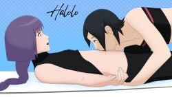 2girls bent_over black_hair boruto:_naruto_next_generations boruto:_two_blue_vortex clothing embarrassed erect_nipples erect_nipples_under_clothes female/female female_only glasses halolo kakei_sumire kissing kissing_belly looking_at_another lying_down lying_on_back lying_on_bed lying_on_person midriff multiple_girls naruto naruto_(series) navel nipples nipples_visible_through_clothing pants petite purple_hair sarada_uchiha shirt shirt_lift sleeveless sleeveless_shirt tubetop visible_nipples yuri