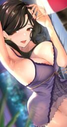 areola_slip armpits babydoll black_hair breasts camisole cleavage collarbone covered_nipples female frilled_babydoll frills hcz_n large_breasts lingerie long_hair looking_at_viewer negligee nightgown nijisanji orange_eyes paid_reward_available presenting_armpit purple_babydoll purple_nails shirayuki_tomoe shirayuki_tomoe_(7th_costume) sleepwear solo spaghetti_strap underwear underwear_only virtual_youtuber