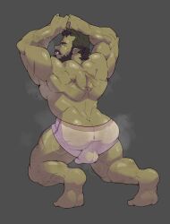 absurd_res anthro ass beard bulge clothing daspurplesong facial_hair green_body green_skin hi_res humanoid humanoid_pointy_ears male muscular muscular_humanoid muscular_male musk musk_clouds orc orc_male rear_view solo underwear