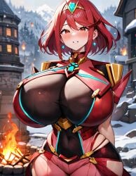 absurd_res ai_generated alternate_breast_size armor arms_behind_back blush campfire chest_jewel core_crystal curvy detailed_background earrings fire gem gigantic_breasts huge_breasts monolith_soft narrow_waist nintendo outdoors pyra red_hair short_hair snow snowing stable_diffusion standing thick_thighs tiara tower video_games wide_hips xenoblade_(series) xenoblade_chronicles_2 xenomon