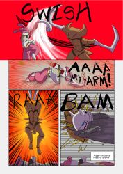 2025 4_panel_comic absurd_res action_pose aggron ambiguous_gender anthro attack biped black_text blood blue_eyes bodily_fluids brown_body claws closed_eyes comic dialogue english_text exclamation_point field fossil_pokemon generation_1_pokemon generation_3_pokemon gore group hi_res humanoid kabutops lips medicham midair motion_lines nintendo novaarts on_ground open_mouth pokemon pokemon_(species) pokemon_mystery_dungeon pose purple_eyes severed_arm severed_body_part severed_limb slam sound_effects spike_chunsoft text text_box trio wounded
