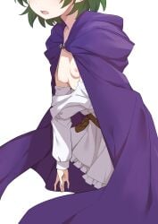 1girls blush breasts cape dress female female_only fire_emblem fire_emblem:_the_blazing_blade green_hair head_out_of_frame highres long_sleeves morisobo nino_(fire_emblem) nintendo nipples open_mouth purple_cape simple_background small_breasts solo standing white_background white_dress