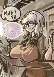 apron blue_eyes breasts coffee faust_(limbus_company) glasses limbus_company milk project_moon public short_hair sweat white_hair working yaubingowo