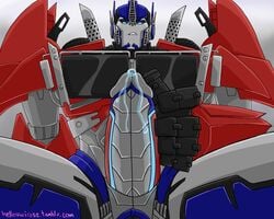 big_hands big_penis biting_lip erection hellovivirose machine male male_focus male_only mechanical optimus_prime penis precum robot serious solo transformers